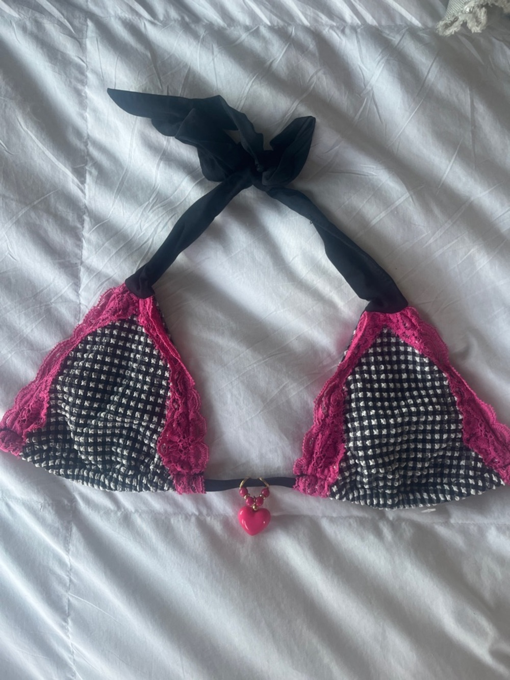 Beach Bunny Black Gingham Triangle Bralette with Hot Pink Lace & Heart Charm